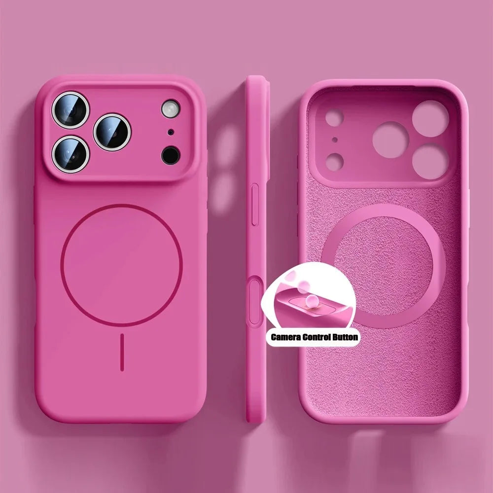 Pink phone case with camera control button feature on a pink background