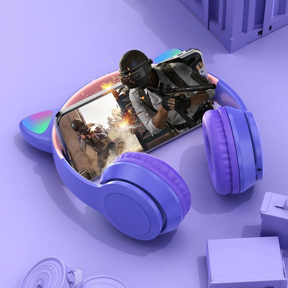 Wireless Bluetooth Headset Gamer Cat LED Light Foldable Noise Cancelling Earbuds Wireless Headphones Bluetooth Earphones