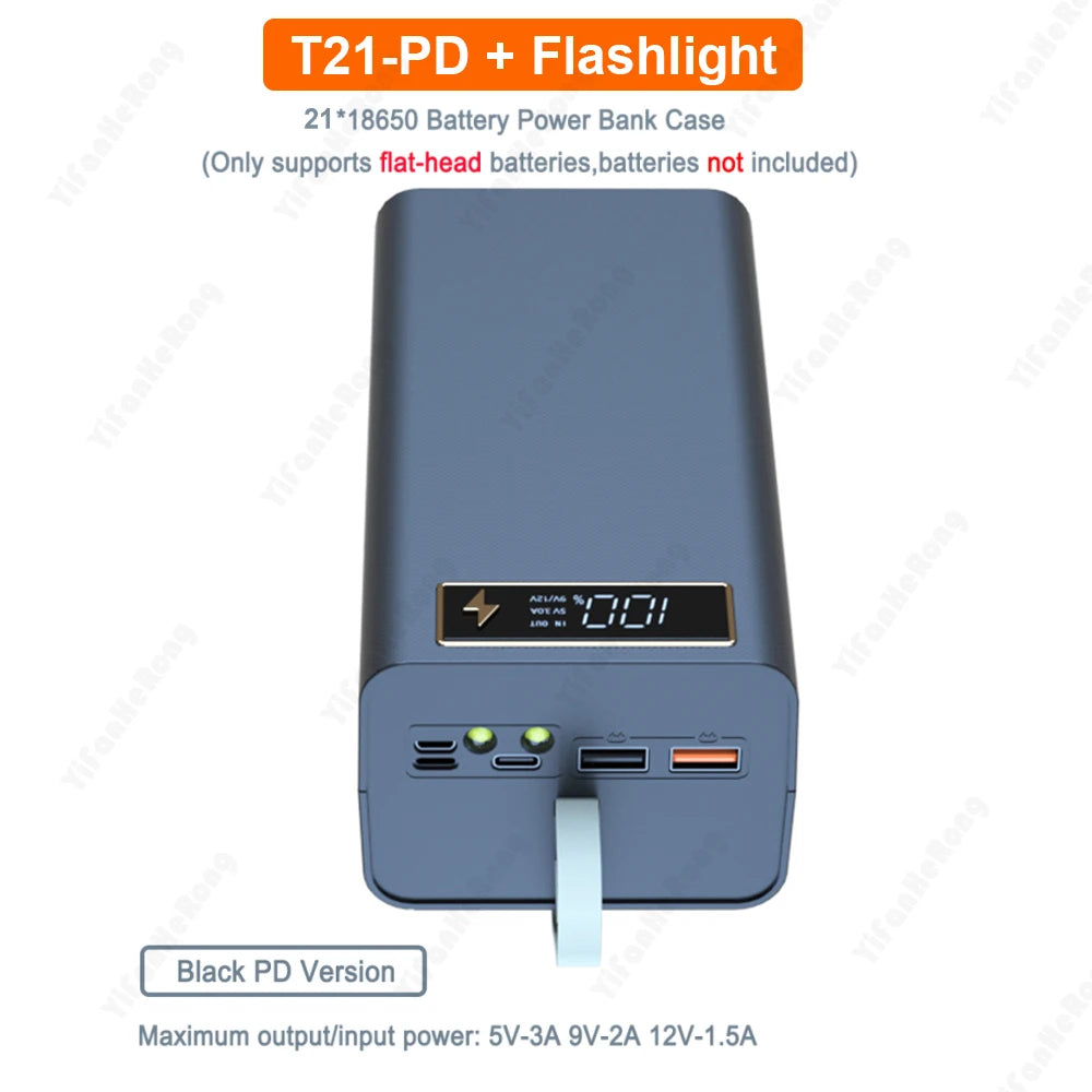 T21 Battery Storage Box 21*18650 with Flashlight Power Bank Case Battery Holder Box Dual USB 18650 Battery DIY Shell Storage