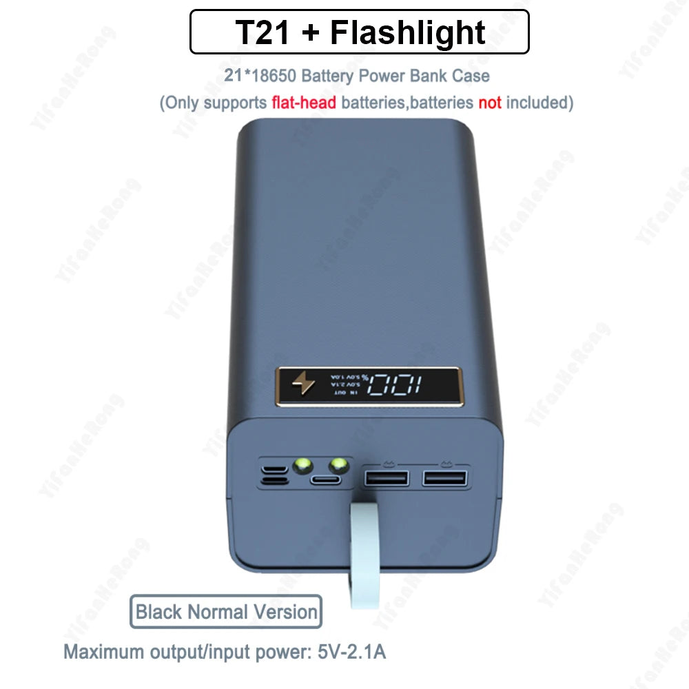 T21 Battery Storage Box 21*18650 with Flashlight Power Bank Case Battery Holder Box Dual USB 18650 Battery DIY Shell Storage