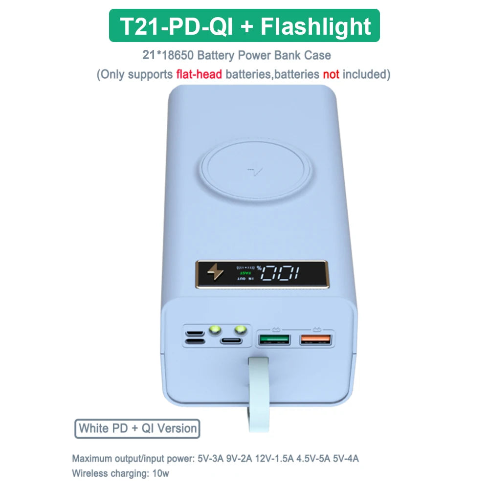 T21 Battery Storage Box 21*18650 with Flashlight Power Bank Case Battery Holder Box Dual USB 18650 Battery DIY Shell Storage