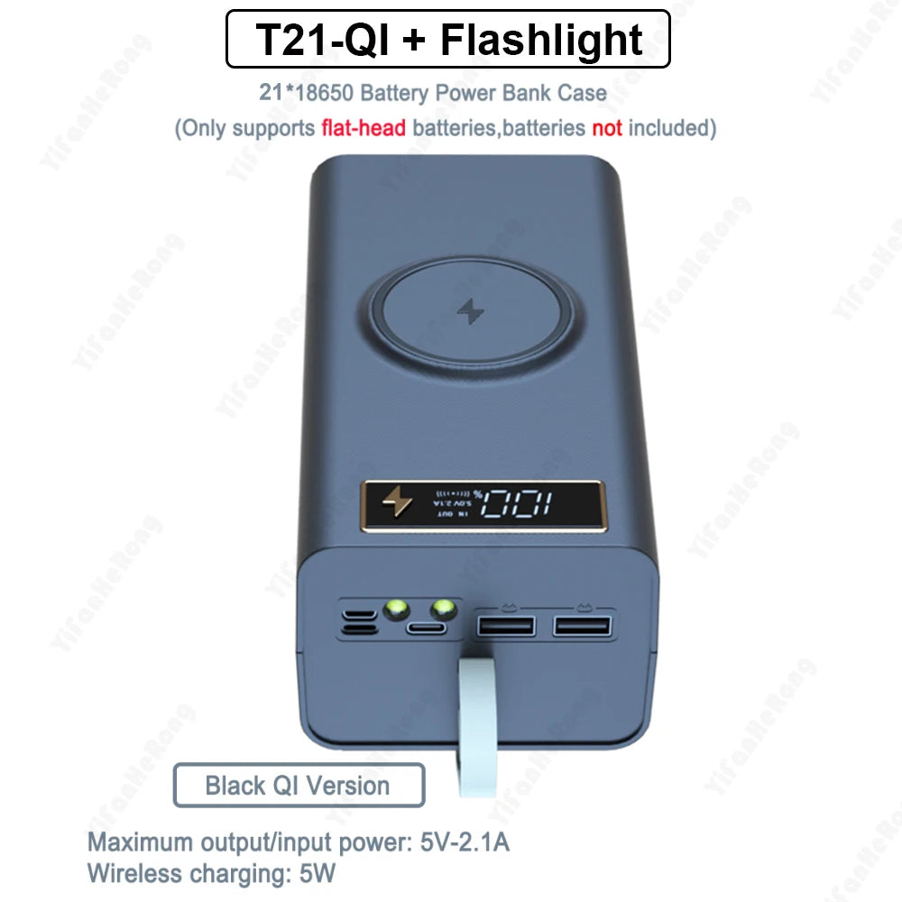 T21 Battery Storage Box 21*18650 with Flashlight Power Bank Case Battery Holder Box Dual USB 18650 Battery DIY Shell Storage