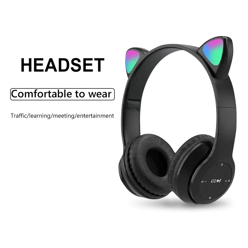 Wireless Bluetooth Headset Gamer Cat LED Light Foldable Noise Cancelling Earbuds Wireless Headphones Bluetooth Earphones