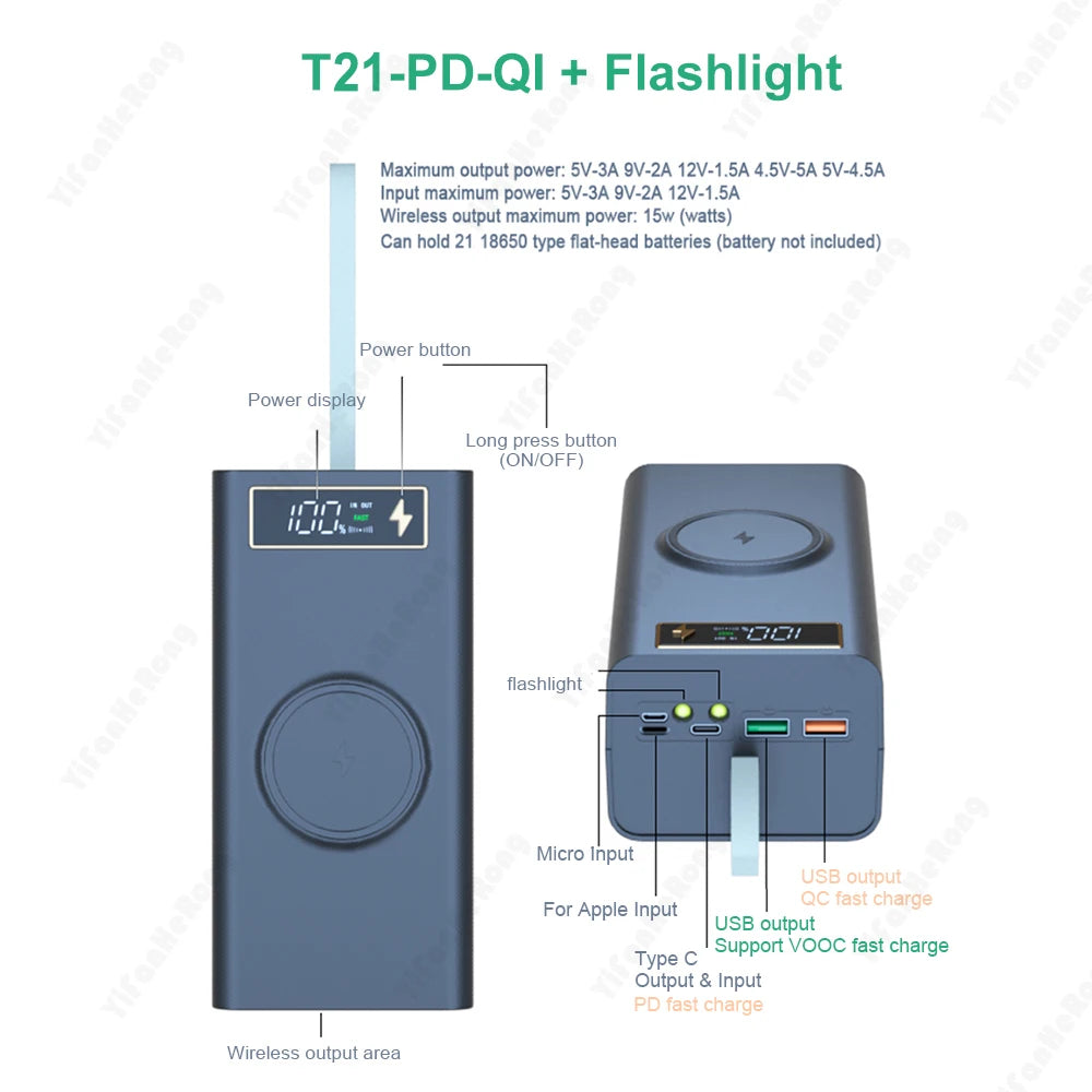 T21 Battery Storage Box 21*18650 with Flashlight Power Bank Case Battery Holder Box Dual USB 18650 Battery DIY Shell Storage