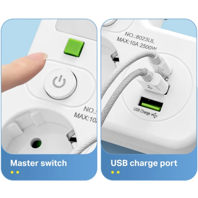 EU Plug AC Power Strip Multiprise Wall Mounted Socket Universal Network Filter USB Ports Separate Switch light Adapter