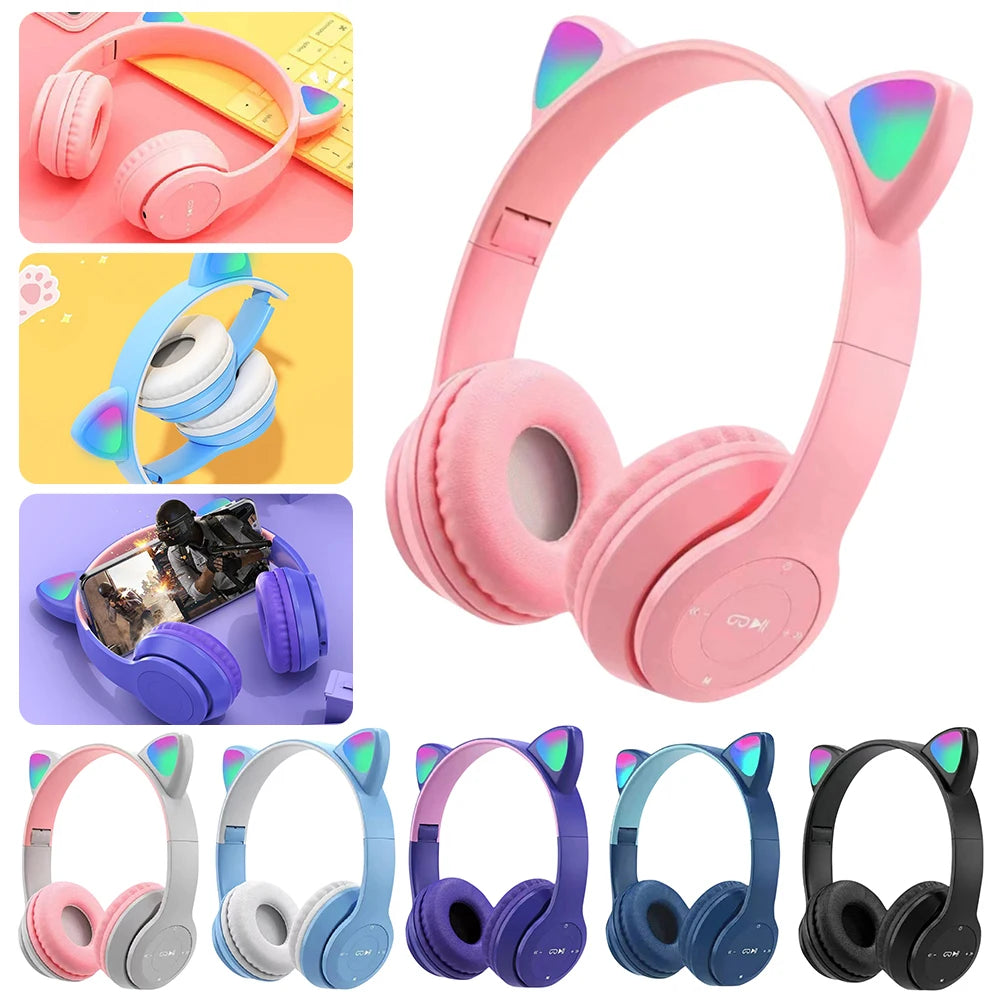 Wireless Bluetooth Headset Gamer Cat LED Light Foldable Noise Cancelling Earbuds Wireless Headphones Bluetooth Earphones