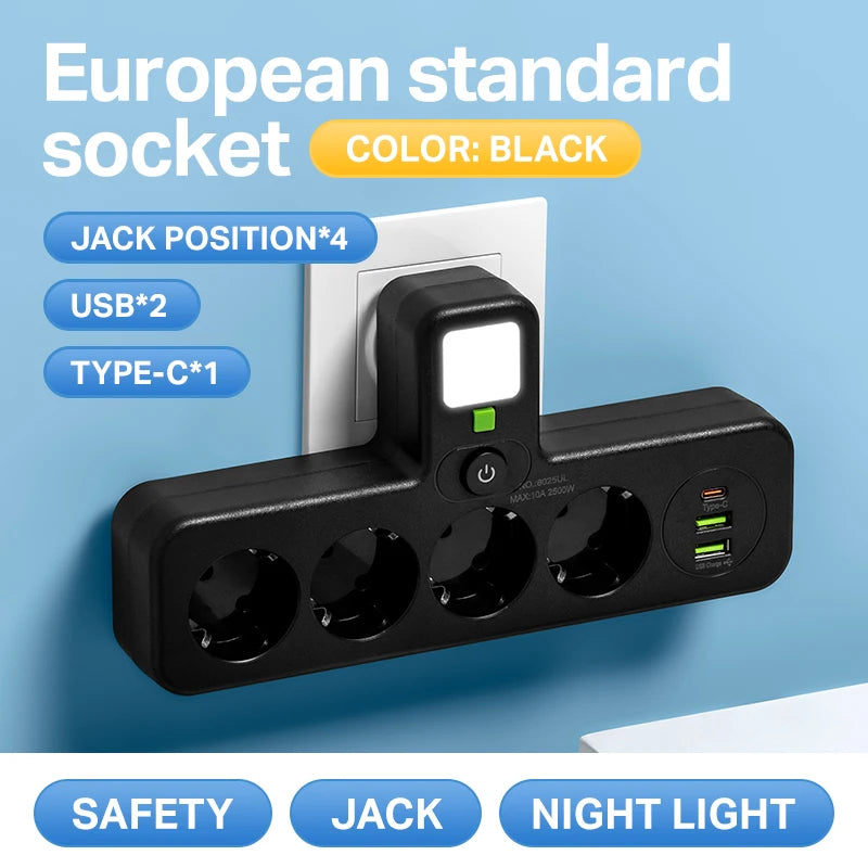 EU Plug AC Power Strip Multiprise Wall Mounted Socket Universal Network Filter USB Ports Separate Switch light Adapter