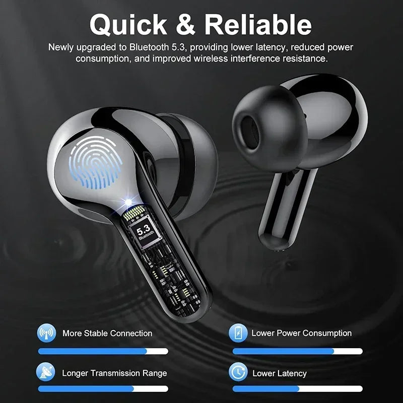 Wireless Earphone HiFi Stereo Earbuds with LED Display 48H Play Time ENC Noise Cancelling Ear Buds Waterproof Headphones