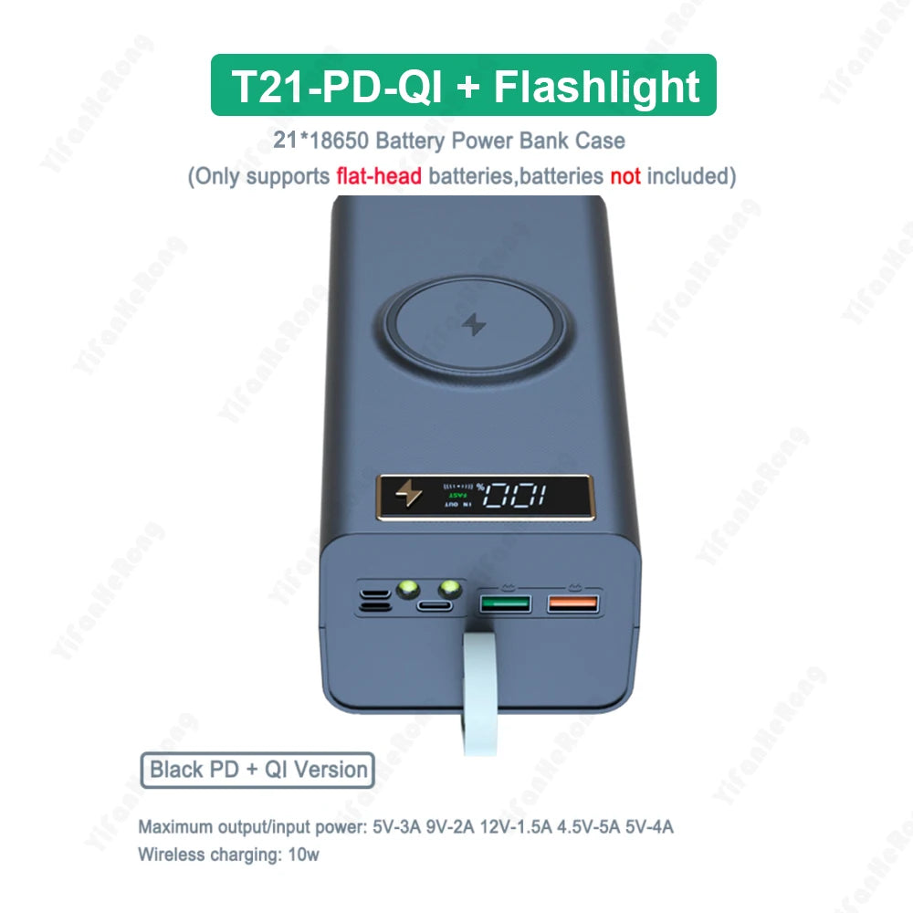T21 Battery Storage Box 21*18650 with Flashlight Power Bank Case Battery Holder Box Dual USB 18650 Battery DIY Shell Storage