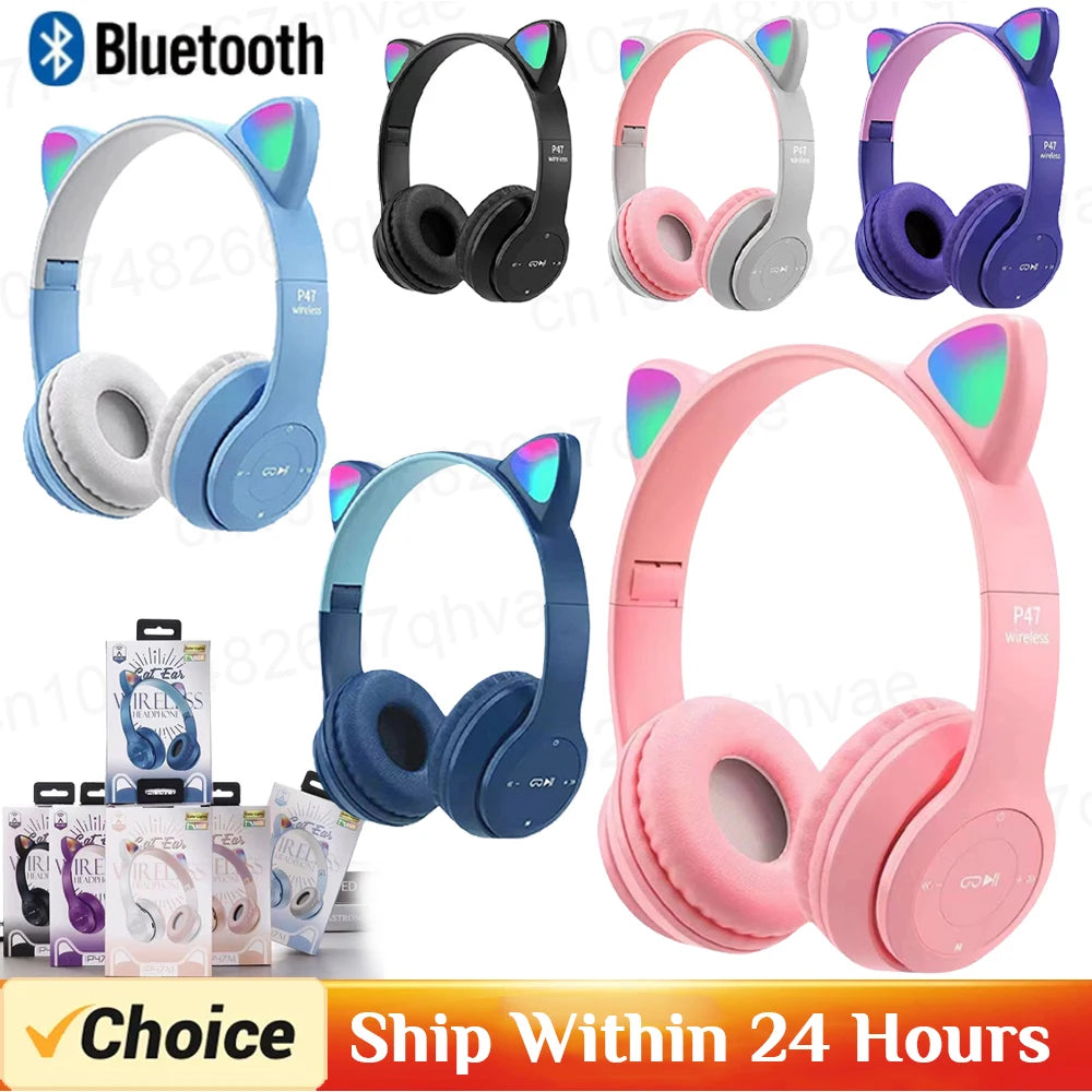 Wireless Bluetooth Headset Gamer Cat LED Light Foldable Noise Cancelling Earbuds Wireless Headphones Bluetooth Earphones