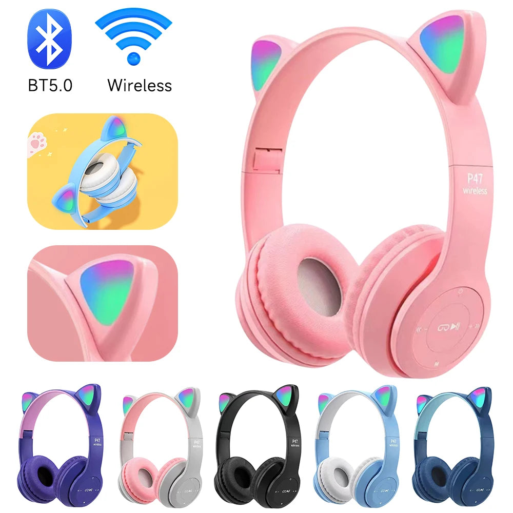 Wireless Bluetooth Headset Gamer Cat LED Light Foldable Noise Cancelling Earbuds Wireless Headphones Bluetooth Earphones