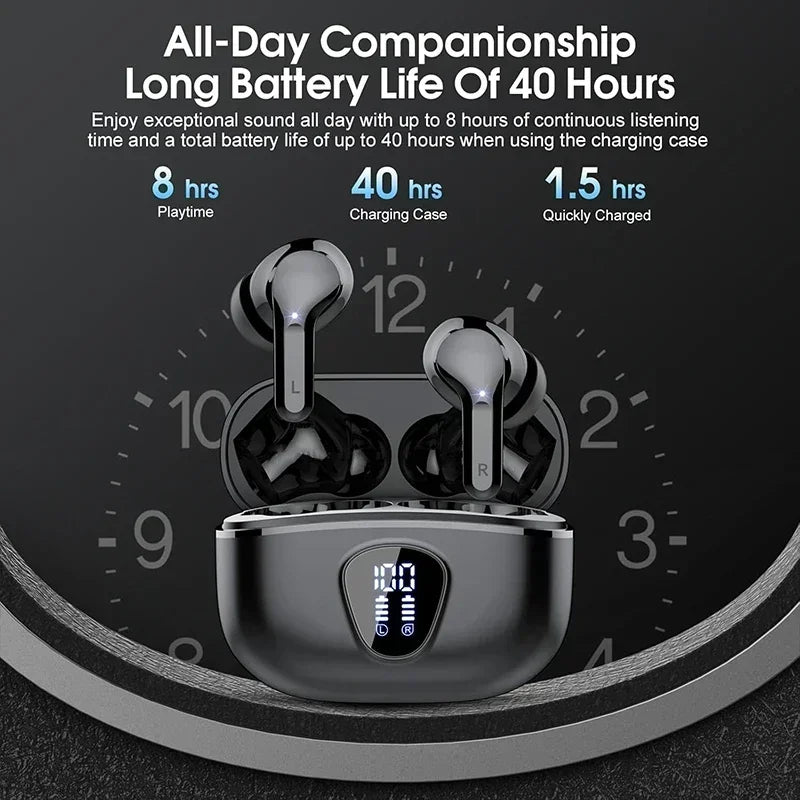 Wireless Earphone HiFi Stereo Earbuds with LED Display 48H Play Time ENC Noise Cancelling Ear Buds Waterproof Headphones